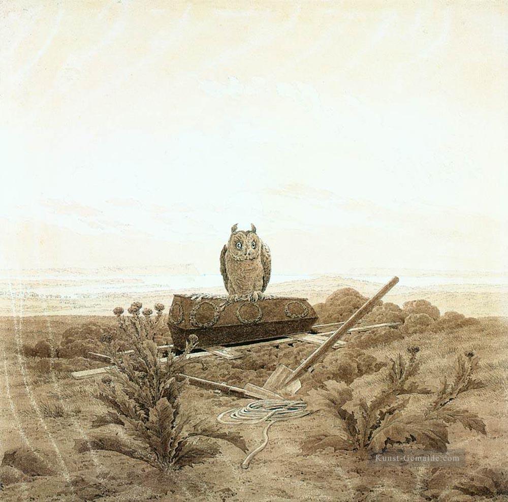Landschaft mit Grab Sarg und Eule romantischem Caspar David Friedrich Ölgemälde